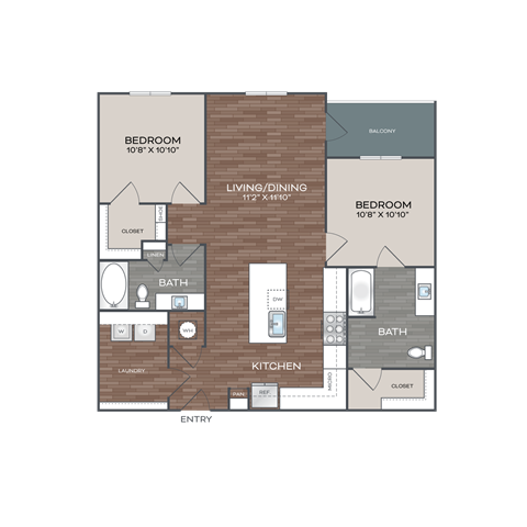 Floor plan for 2 beds, 2 baths, 1089 sqft